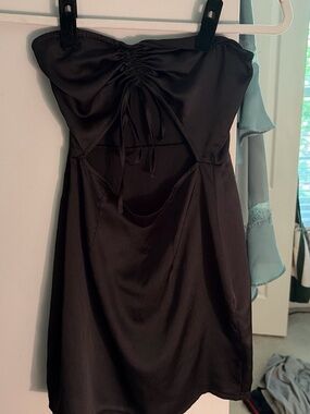 PrettyLittleThing Black Strapless Satin Cutout Mini Dress